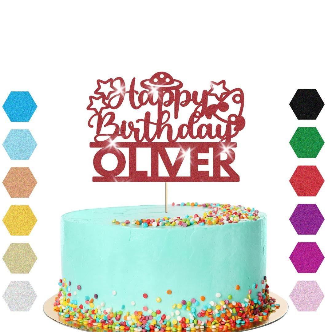 Personalised Glitter Outer Space Birthday Cake Topper: Alien UFO Theme Party Decoration
