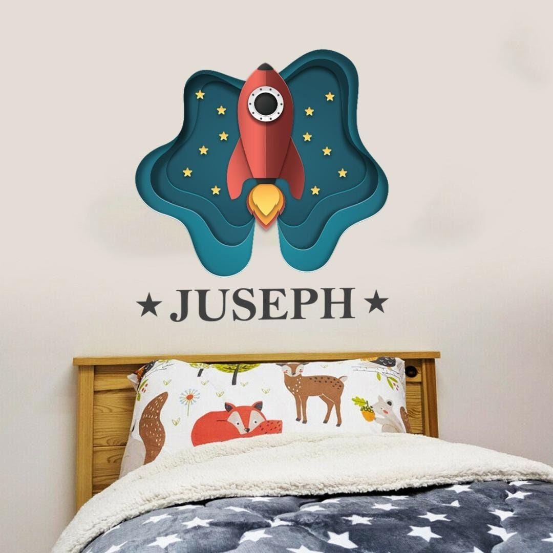 Personalised  Space Ship Wall Sticker Name Decal 3d Vinyl Boys Girls Kids Nursery Bedroom