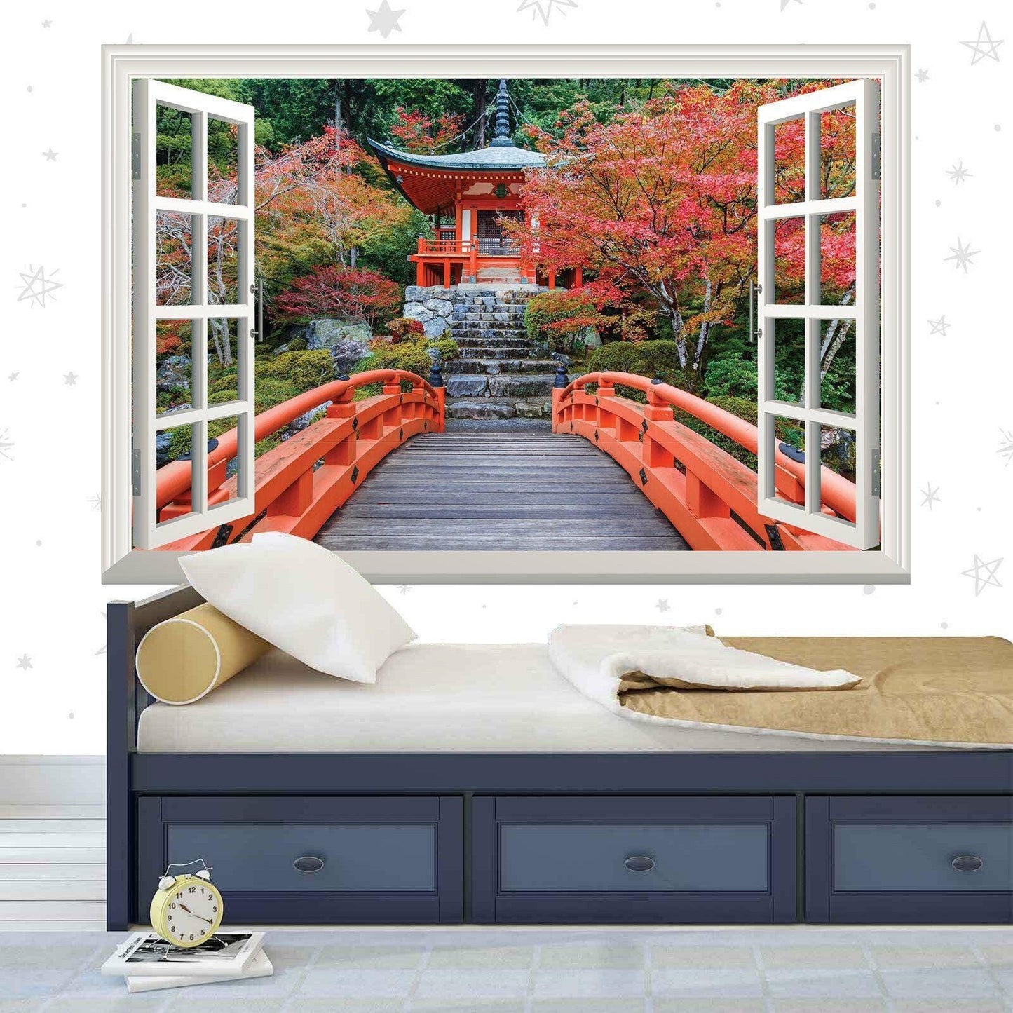 Japanese Temple 3D Window View Wall Decal: Scenic Nature Walkway
