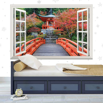 Japanese Temple 3D Window View Wall Decal: Scenic Nature Walkway