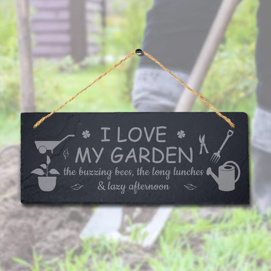 I Love My Garden The Buzzing Bees Engraved Hanging Slate Garden Plaque Sign