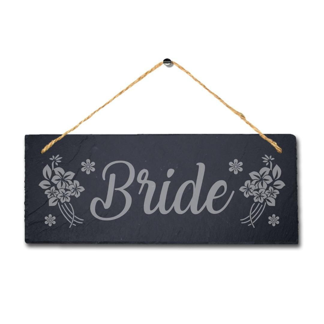 Bride Laser Engraved Hanging Floral Motif Slate Wedding Party Venue Plaque Sign