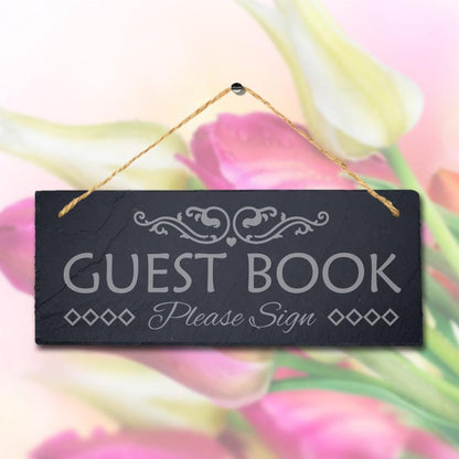 Guest Book Engraved Hanging Rustic Slate Wedding Album Christening Plaque Sign