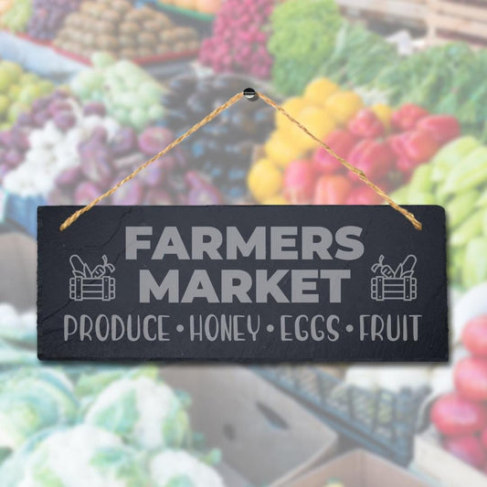 Farmers Market Hanging Slate Sign Engraved Plaque Eggs Fruit Food Lovers Gift