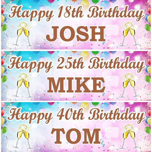 2x Personalised Champagne Cheers Banners Custom Name And Age Party Posters Birthdays Celebrations