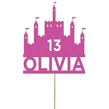 Personalised Glitter Princess Castle Cake Topper: Custom Name & Age