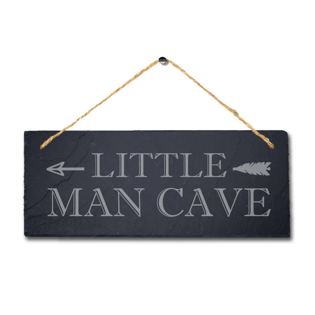 Little Man Cave Left Arrow Direction Laser Engraved Hanging Slate Bar Plaque Sign