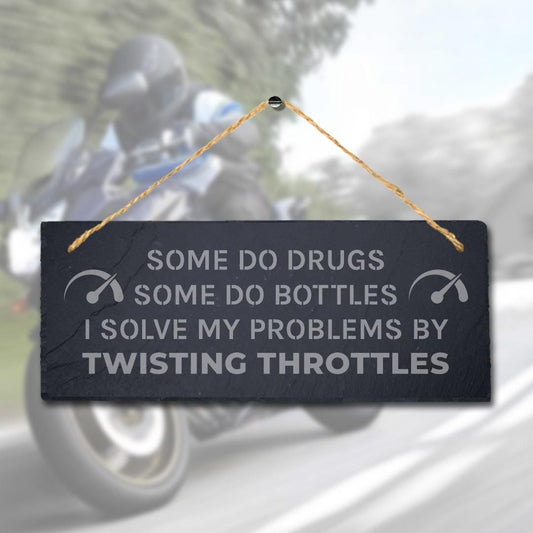 Motorbike Slate Plaque: Laser Engraved Shed Sign with Jute Rope