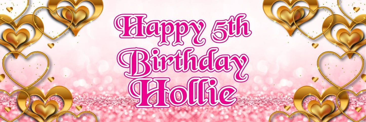 2 Personalised Birthday Celebration Banners Kids Party Decoration Rose Gold Hearts Themed Posters