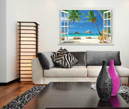 Tropical Beach Window View Wall Sticker: Palm Trees, Blue Sky
