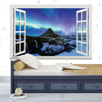 Northern Lights 3D Window View Wall Decal: Aurora Scenic Mural