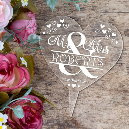 Personalised Name Wedding Cake Topper Mr & Mrs Heart Decoration Engraved Acrylic