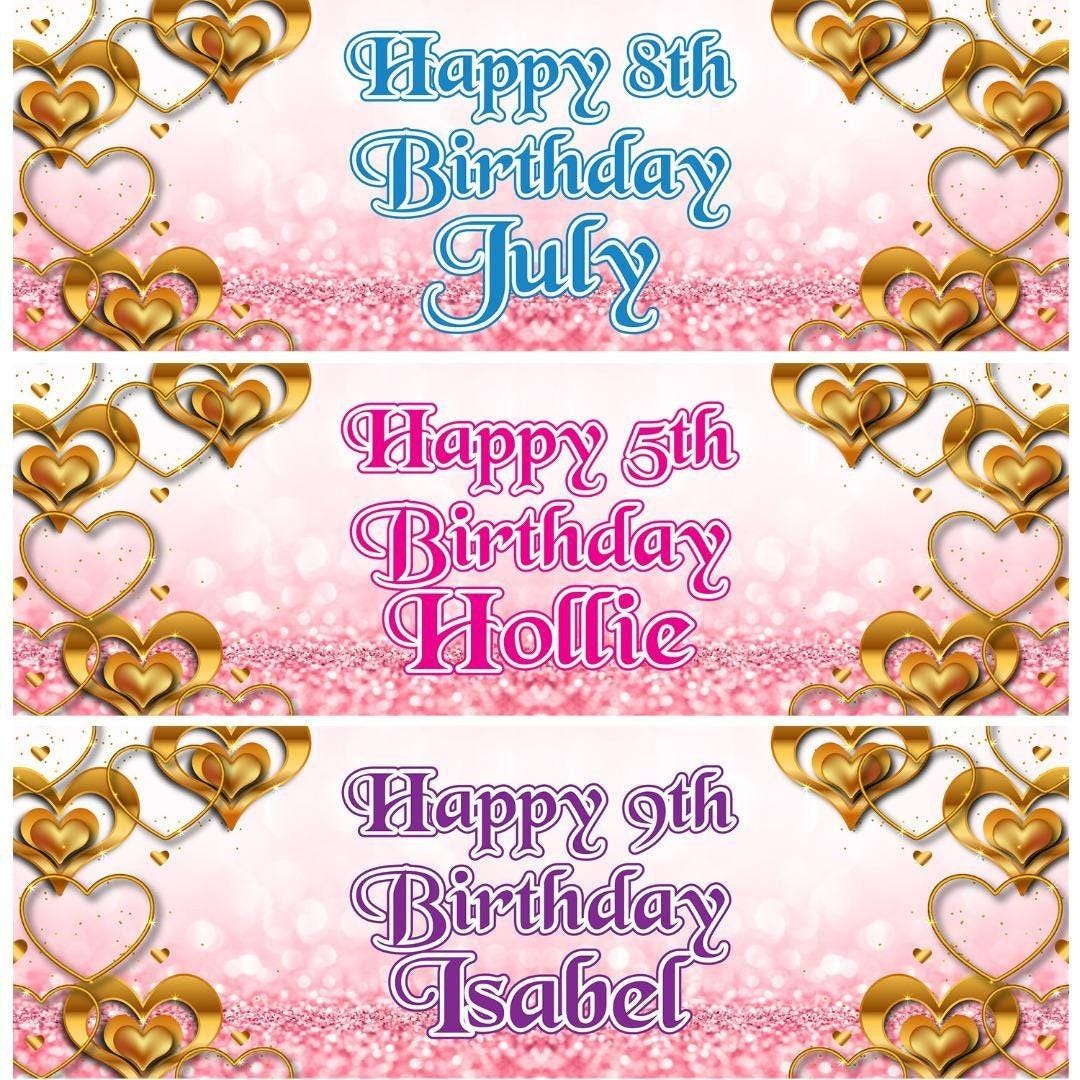 2 Personalised Birthday Celebration Banners Kids Party Decoration Rose Gold Hearts Themed Posters