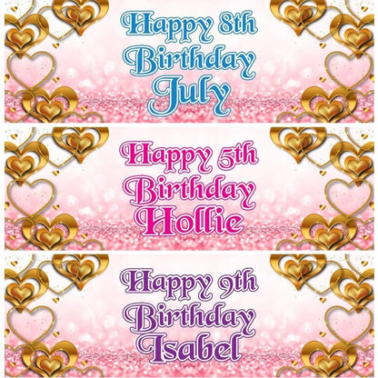 2 Personalised Birthday Celebration Banners Kids Party Decoration Rose Gold Hearts Themed Posters