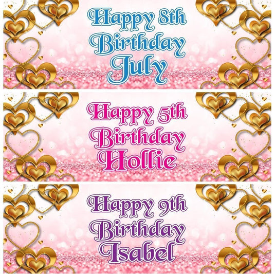 2 Personalised Birthday Celebration Banners Kids Party Decoration Rose Gold Hearts Themed Posters