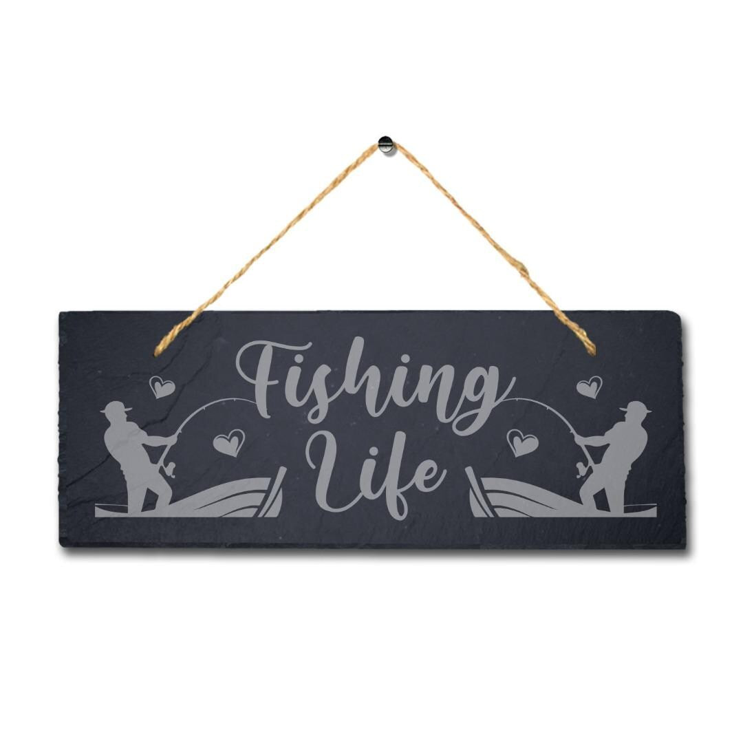 Fishing Life Sea Laser Engraved Hanging Slate Fishing Fish Reel Ocean Plaque Sign