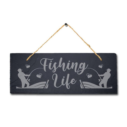 Fishing Life Sea Laser Engraved Hanging Slate Fishing Fish Reel Ocean Plaque Sign