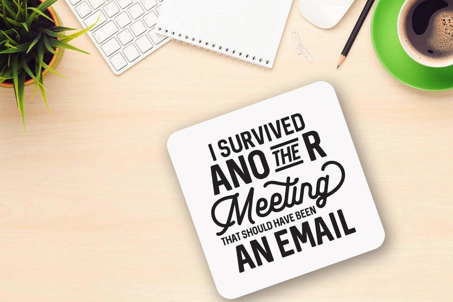Funny Office Mug & Coaster Set: I Survived Another Meeting