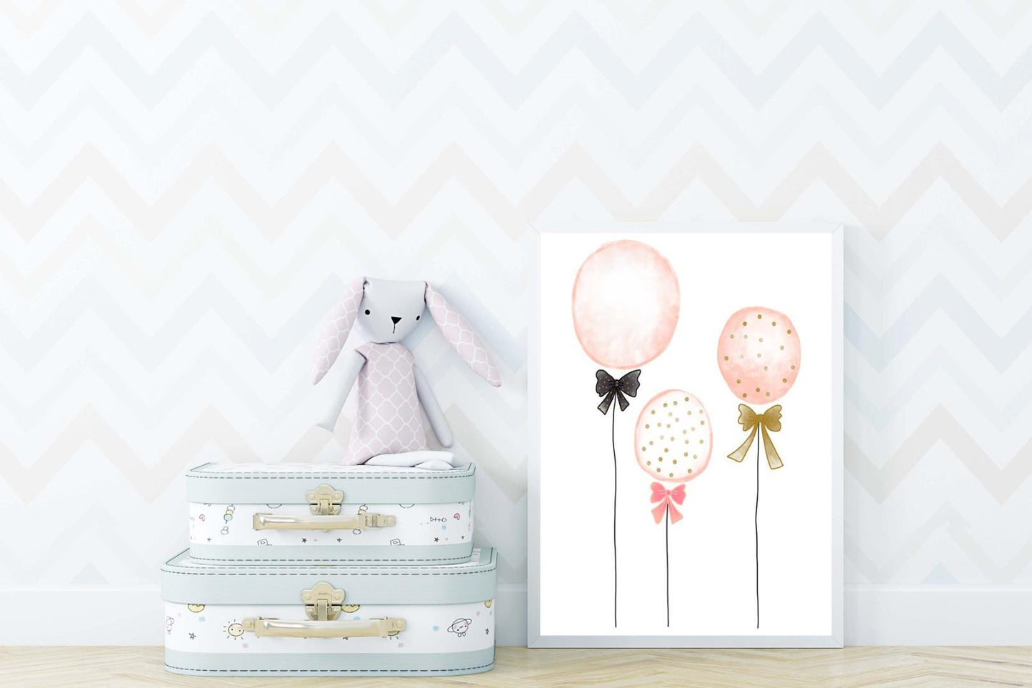 Pink Balloons Girls Boho Watercolour Hand Painted Effect Nursery Wall Art Poster