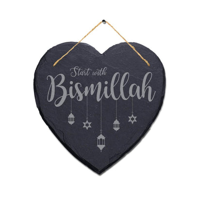 Start With Bismillah Engraved Wall Hanging Islamic Heart Home Slate Plaque Sign