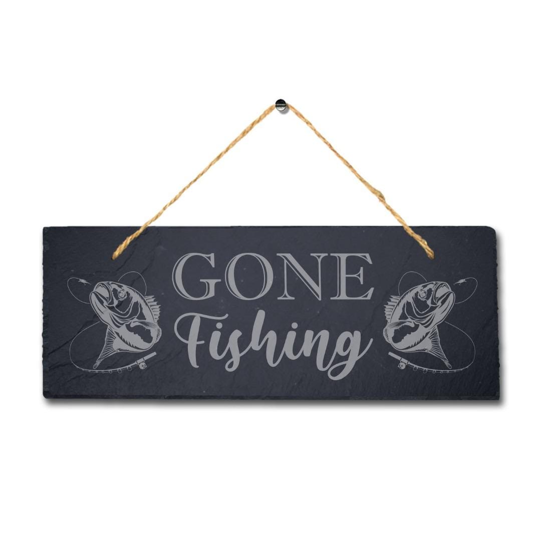 Gone Fishing Sea Laser Engraved Hanging Slate Fishing Fish Reel Ocean Plaque Sign