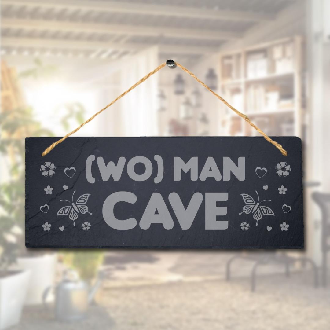 wo) Man Cave Laser Engraved Hanging Slate Home Decor Kids Room Door Plaque Sign