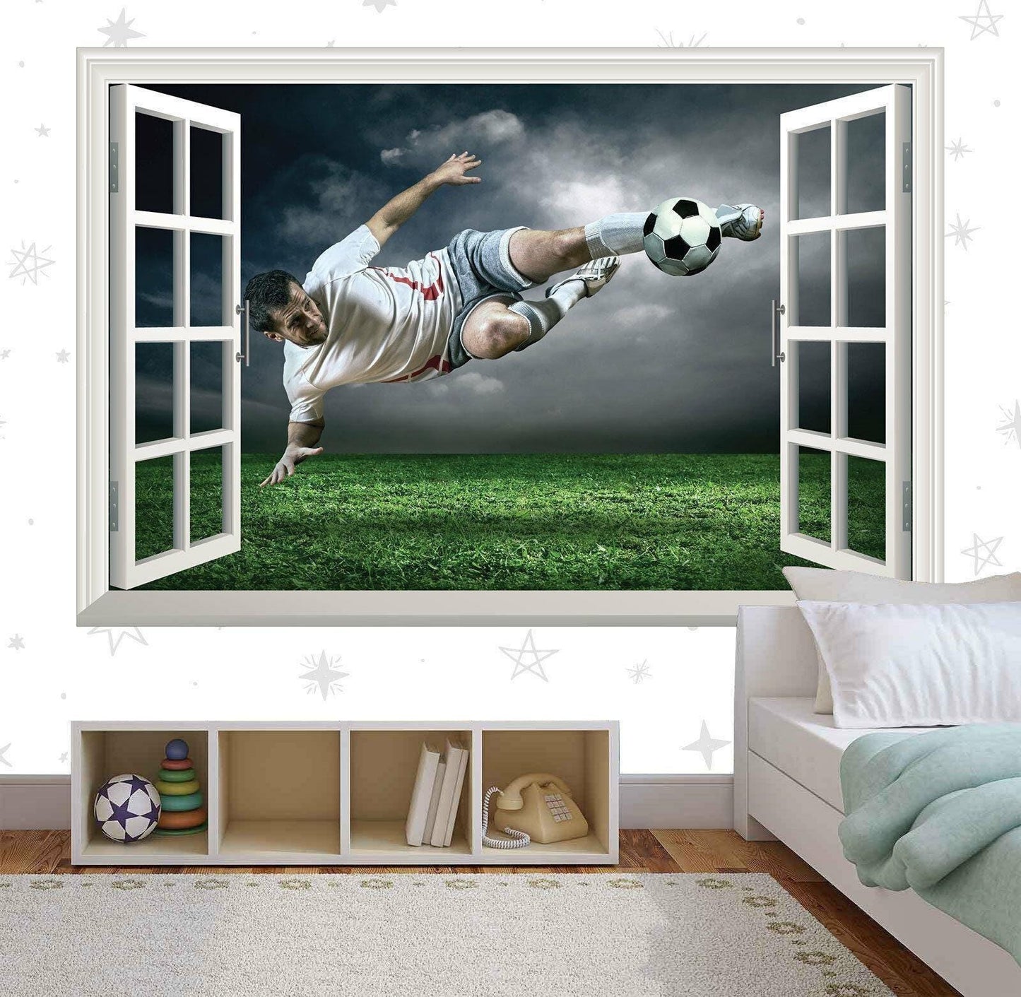 Footballer 3D Window View Wall Decal: Boys Bedroom Mural