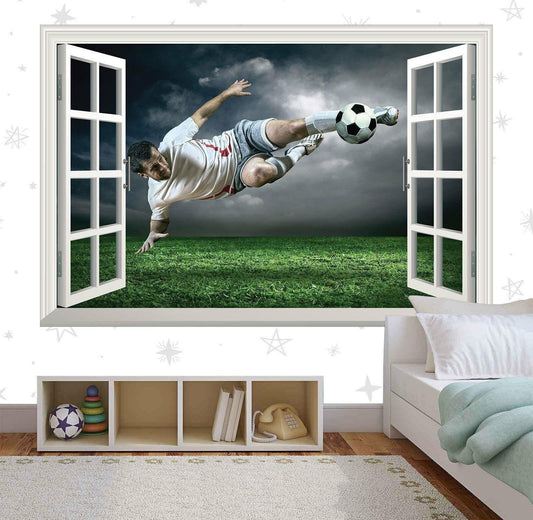 Footballer 3D Window View Wall Decal: Boys Bedroom Mural