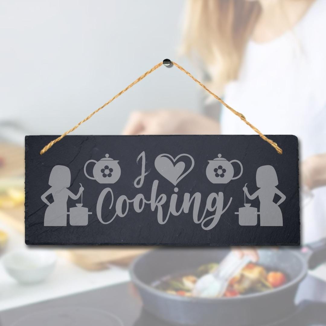 I Love Cooking Laser Engraved Hanging Slate Kitchen Home Decor Plaque Sign