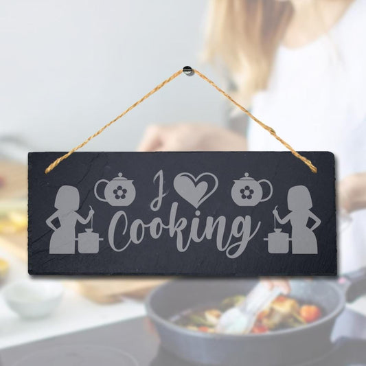 I Love Cooking Laser Engraved Hanging Slate Kitchen Home Decor Plaque Sign