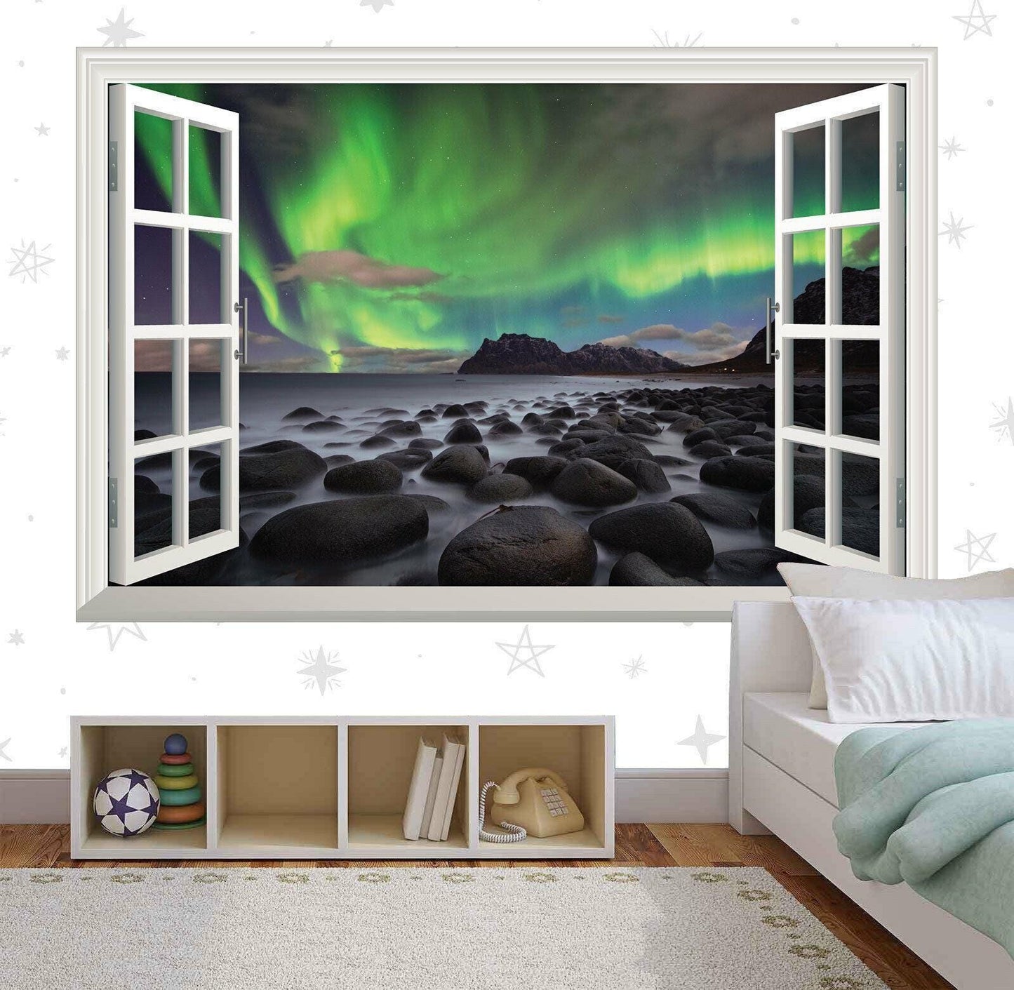Northern Lights Wall Decal: 3D Window View Vinyl Mural