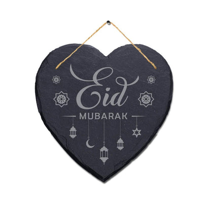 Eid Mubarak Engraved Wall Hanging Celebration Islamic Heart Home Slate Plaque Sign
