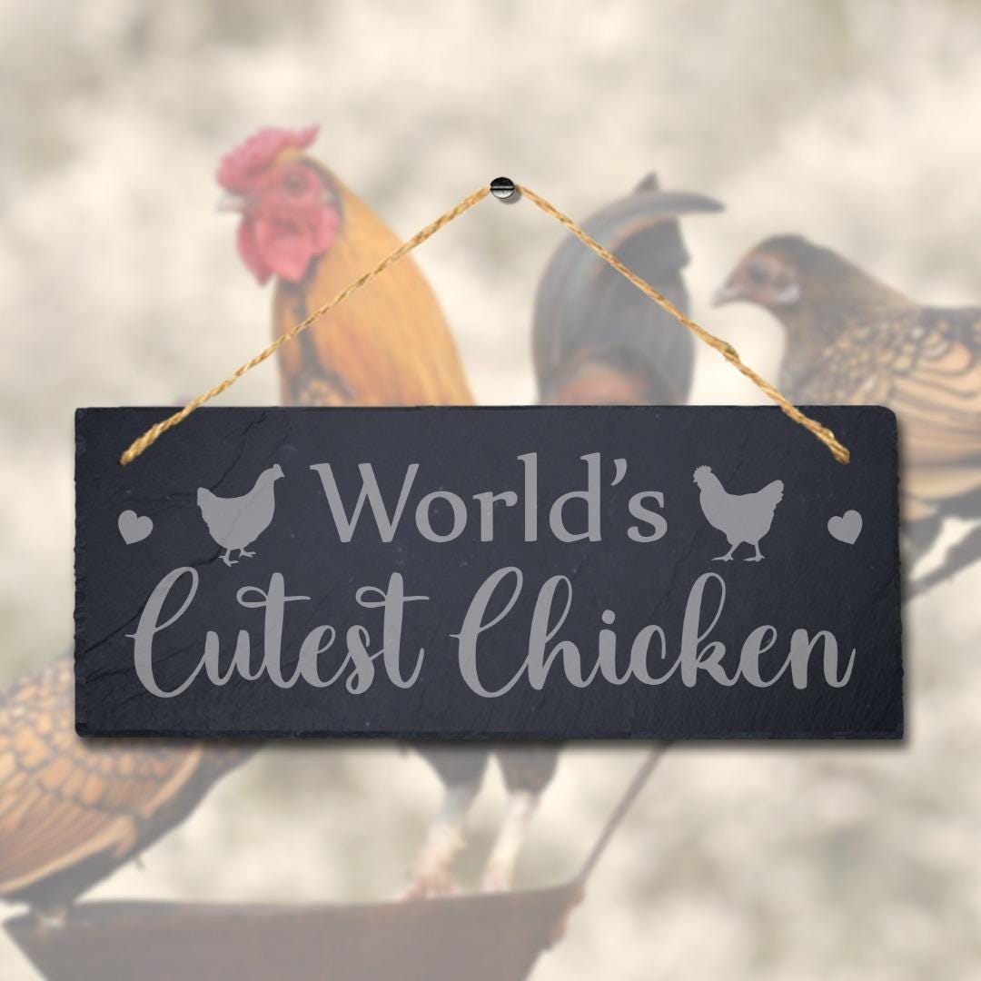 Worlds Cutest Chicken Laser Engraved Hanging Slate Hen Cock Chicken Plaque Sign