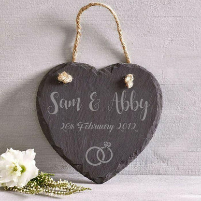 Personalised Hanging Slate Heart Rings Engraved Plaque Wedding Engagement Gift