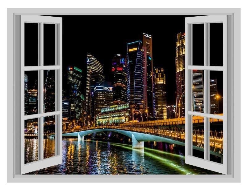Singapore Skyline Wall Sticker: 3D Window Night View Mural