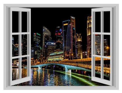 Singapore Skyline Wall Sticker: 3D Window Night View Mural