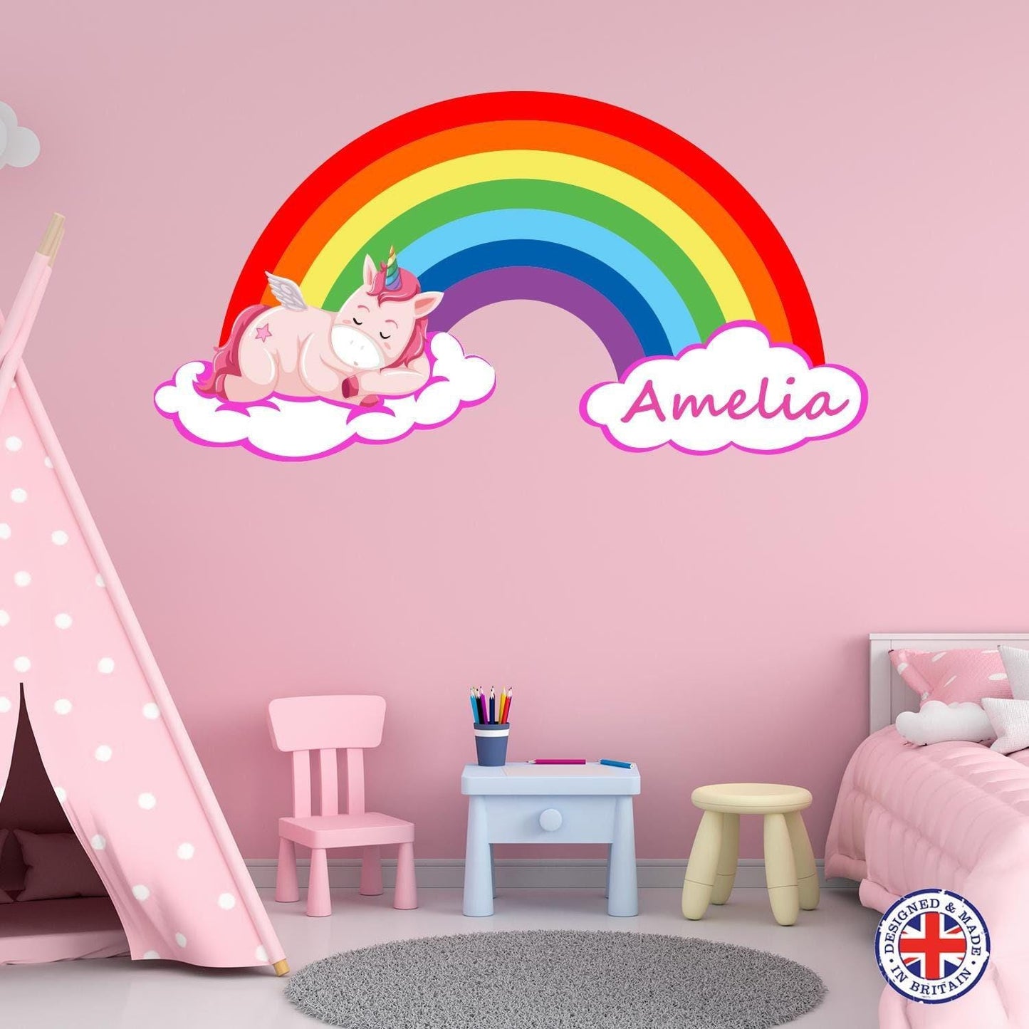 Personalised Unicorn Wall Sticker Girls Bedroom Nursery Kids Name Rainbow Vinyl