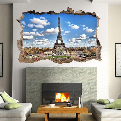 Eiffel Tower Delight: 3d Window Crack Poster, 3 Effects Captivating Art Decor For Your Bedroom Walls