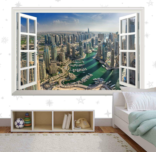 Dubai Cityscape Wall Decal: 3D Window View Vinyl Mural
