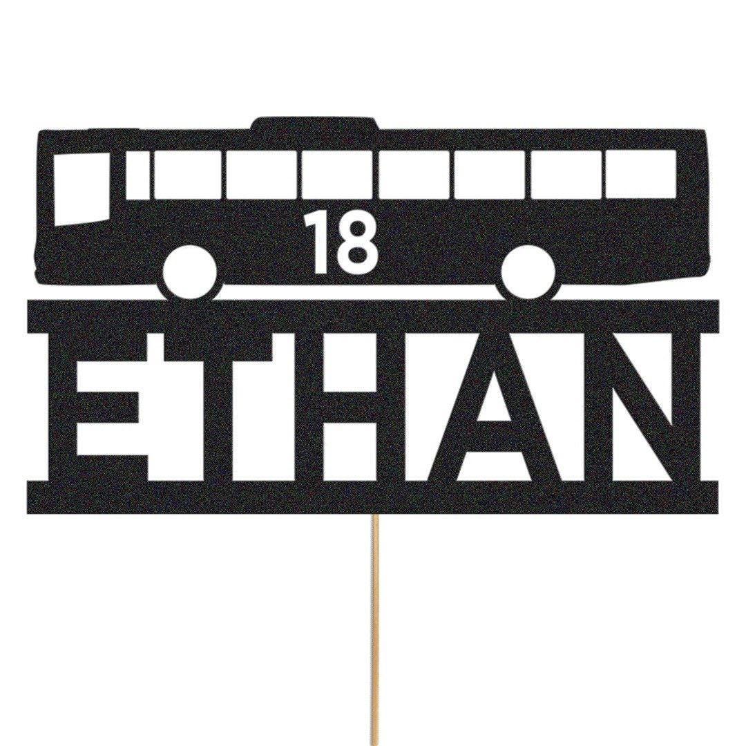 Personalised Glitter Bus Cake Topper: Custom Name & Age
