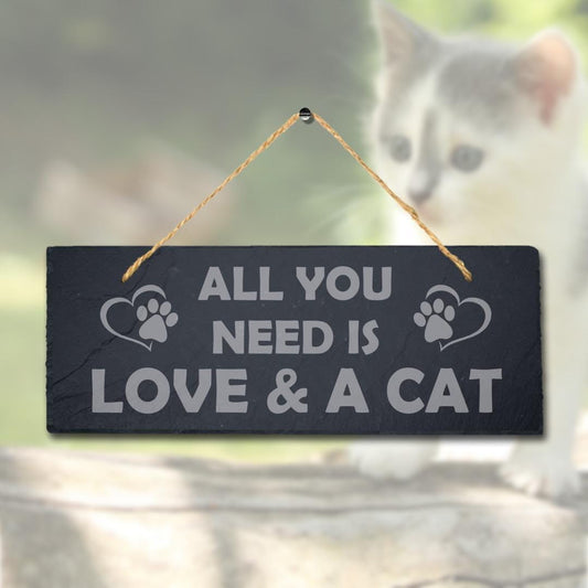 All You Need Is Love And Cat Engraved Hanging Natural Slate Kitten Plaque Sign