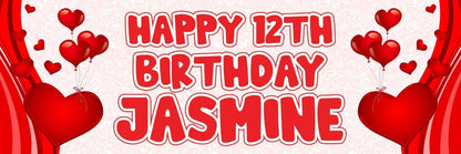 2 Personalised Birthday Banners Red Heart Themed Party Celebration Decoration Posters