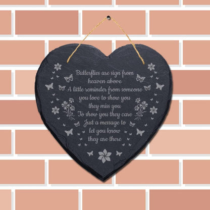 Butterflies Are Sign From Heaven Engraved Hanging Memorial Heart Shape Slate Sign