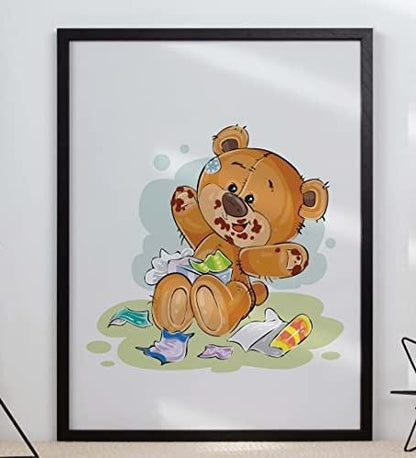 Hungry Teddy Bear Art Print: Scandinavian Nursery Decor