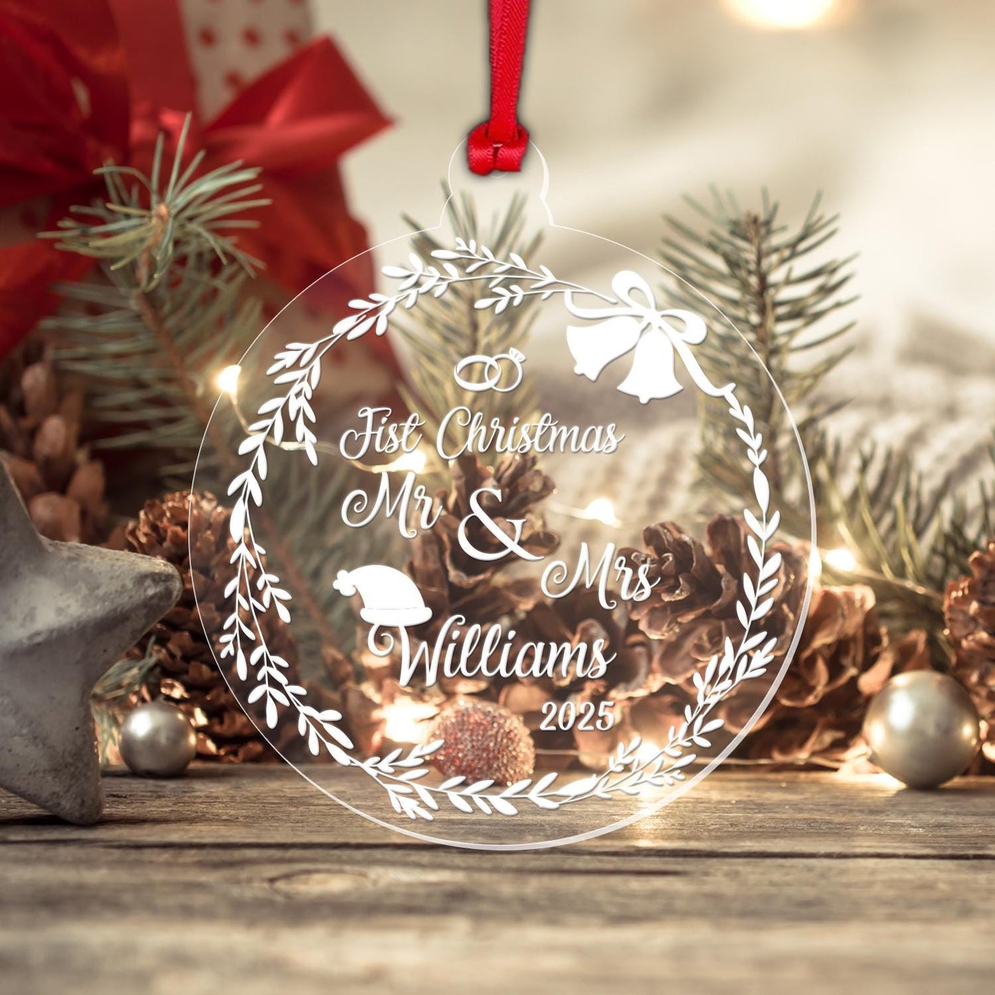 Personalised First Christmas Couple Bauble: Laser Engraved Acrylic Tree Decor