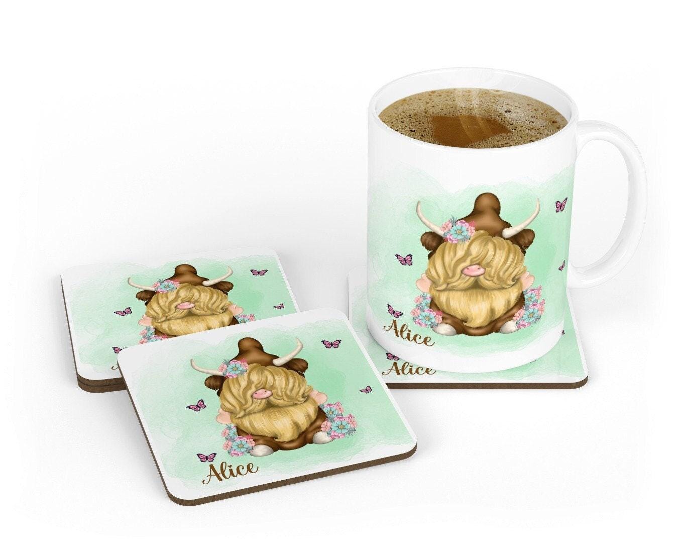 Personalised Highland Cow Gonk Mug & Coaster Set Custom Name Secret Santa Cute Cow Gonk Mug Christmas Gift