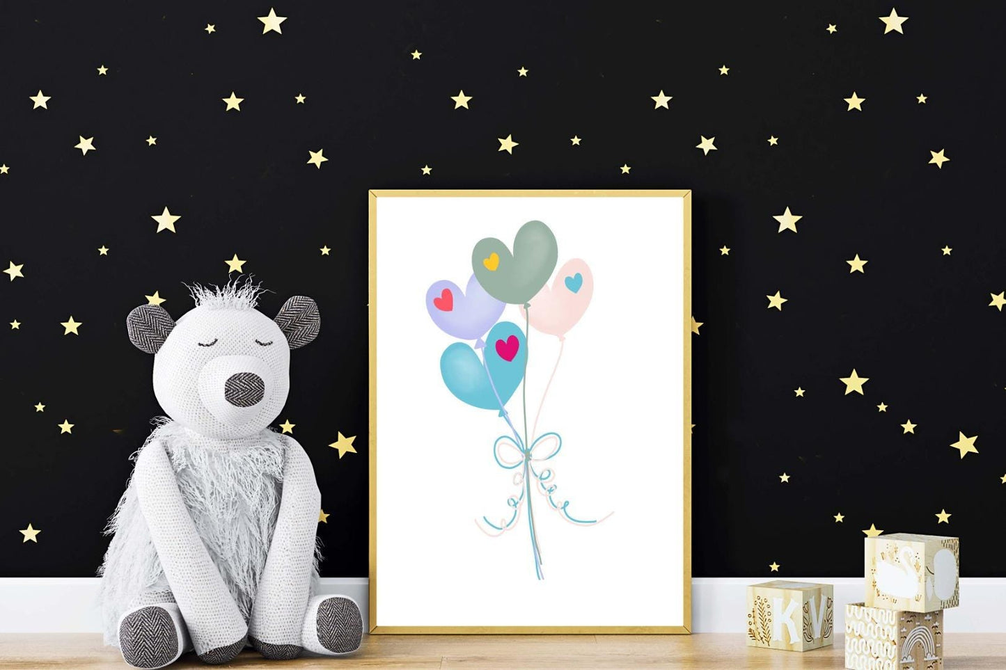 Heart Balloons Kids Boho Watercolour Hand Painted Effect Nursery Wall Art Poster