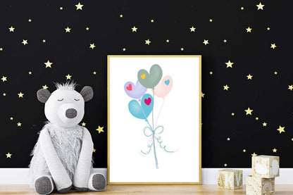 Heart Balloons Kids Boho Watercolour Hand Painted Effect Nursery Wall Art Poster