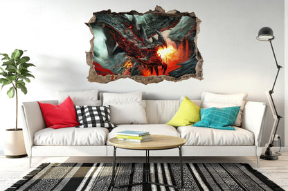 Dragon Fire Window View Wall Decal: 3D Fantasy Apocalypse Poster