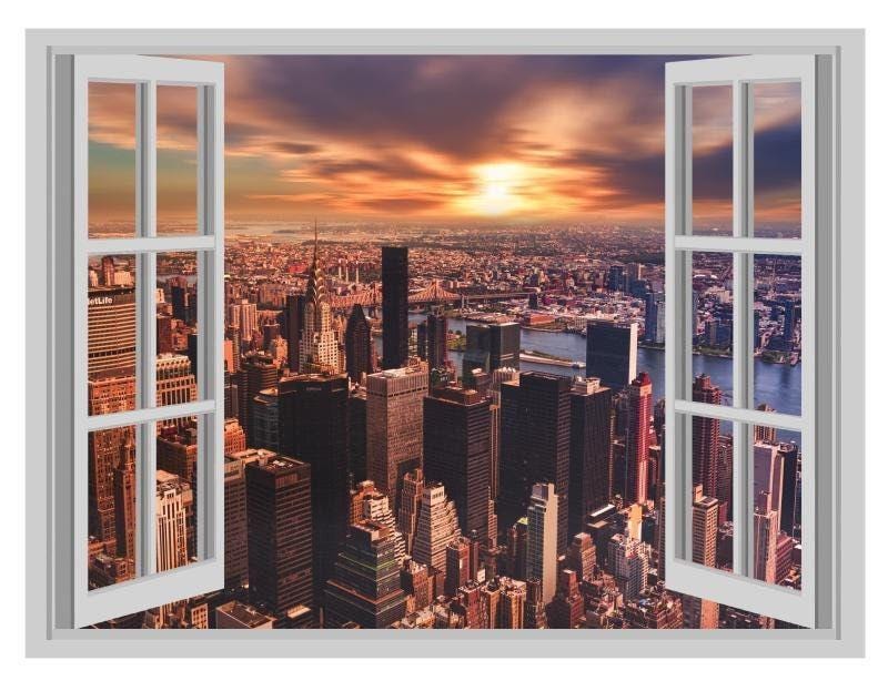 NYC Sunset View Wall Decal: Cityscape Window Effect (45x60cm)